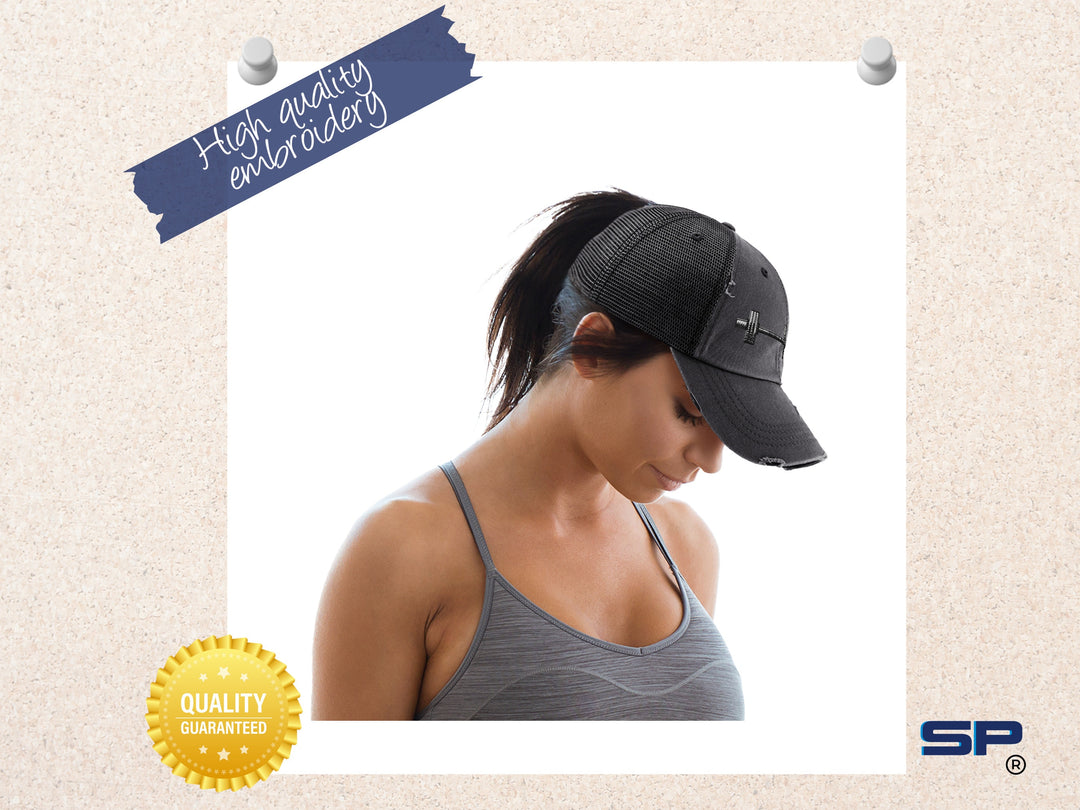 Womens Ponytail Hat Barbell Weightlifting Embroidery Gift for Her Black Weightlifting Cotton Ponytail Hole Cap Custom Hats for Women